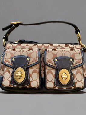 Coach Legacy Tan Signature Black Leather Trim Double Turnlock Satchel Bag 10339